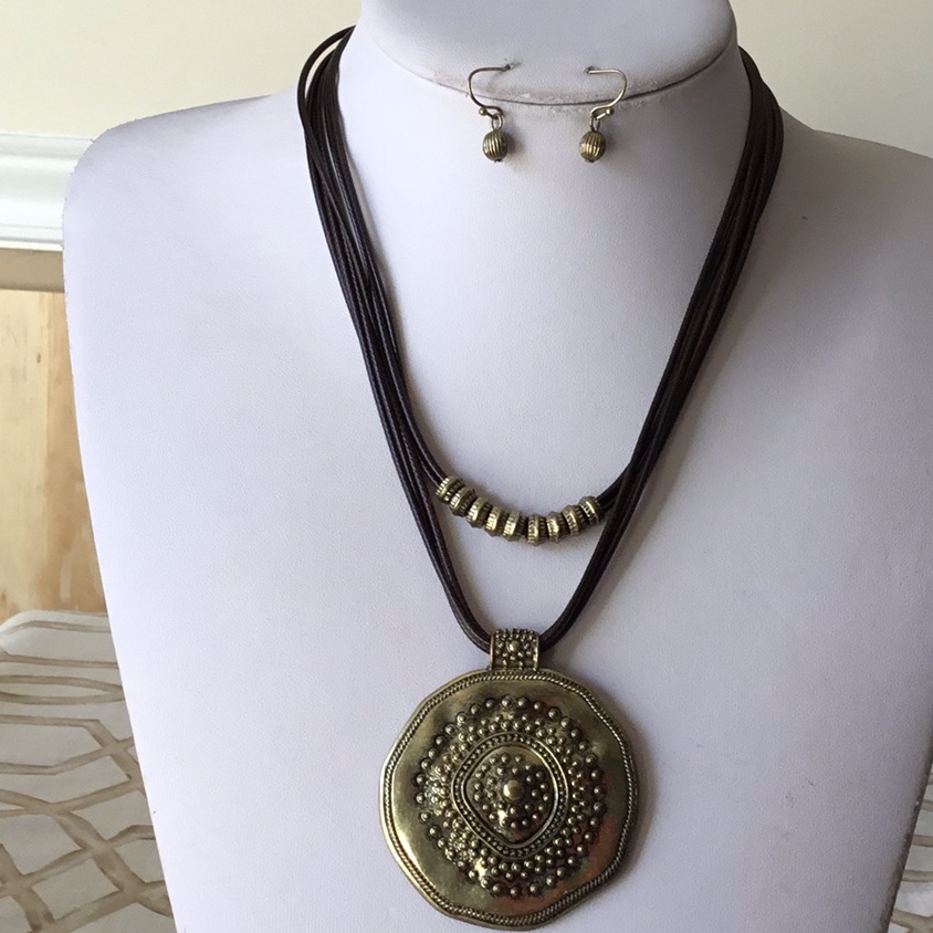 Brass Pendant Brown Cord Necklace Earring Set